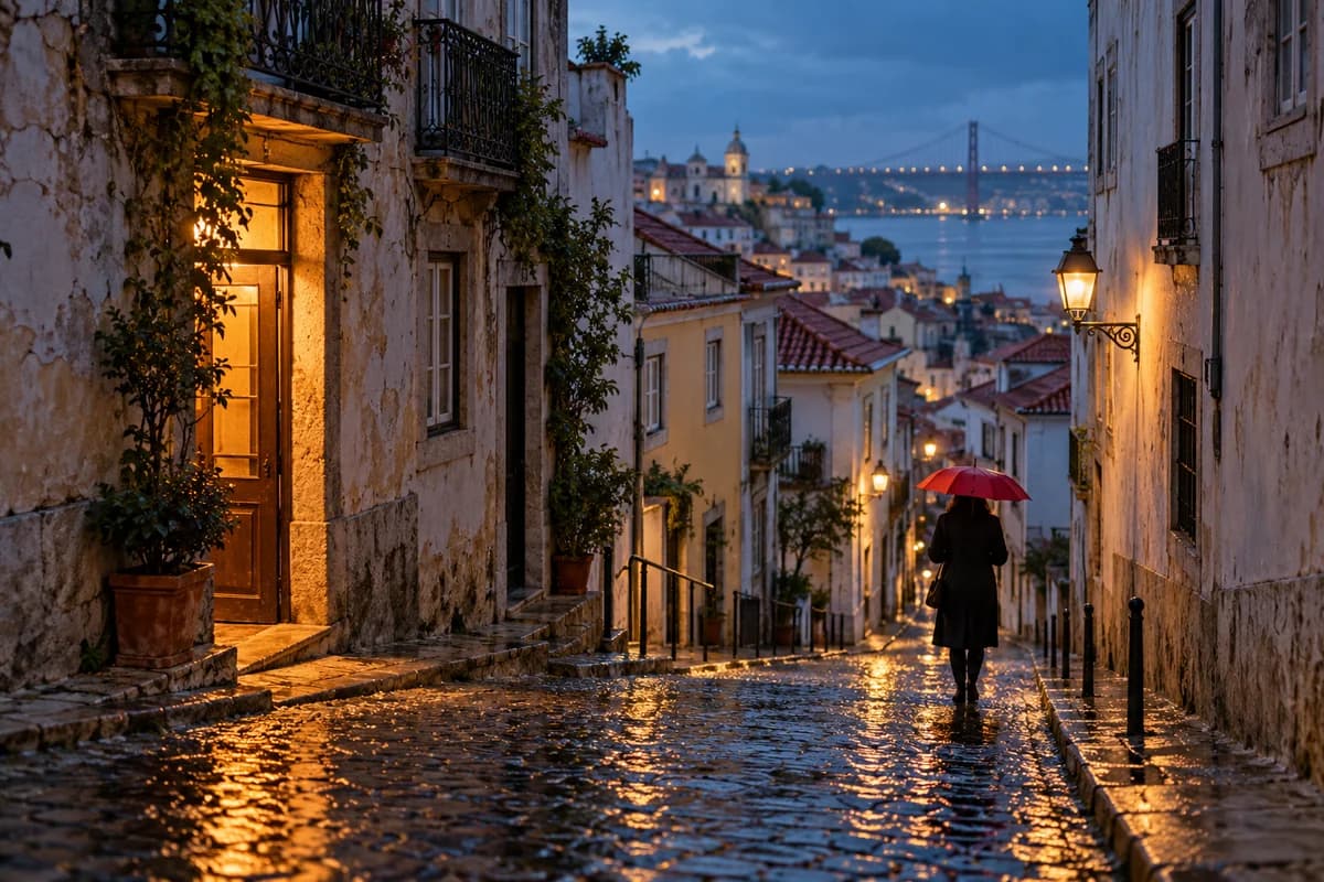 Example photograph from the Frame template, a rainy hillside street at dusk with a figure under a red umbrella.