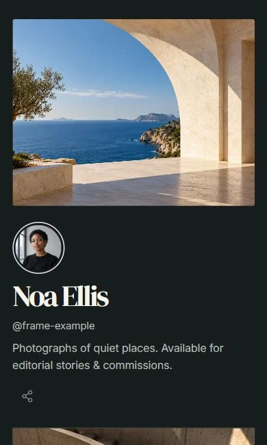 The Frame template, a dark page led by a wide photograph.