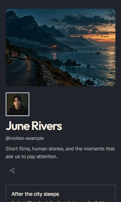 The Motion template with example content.