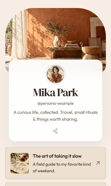 The Persona template, a portrait-led page with a featured story.